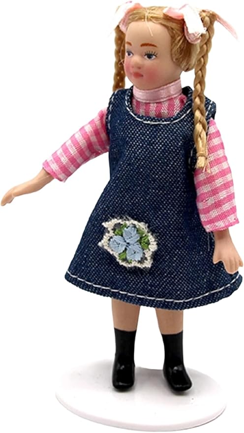 Melody Jane Dolls Houses Dollhouse Little Girl Blonde in Denim Dress Modern Figure Porcelain People