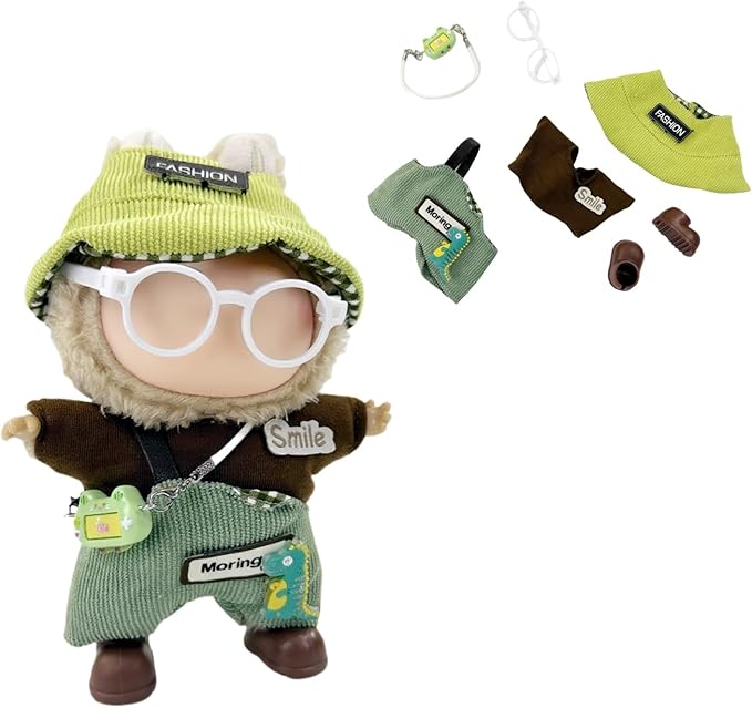 Stylish Adorable 17cm Dolls Clothes, 6PCS Doll Outfits Dress-Up with Hat + Top + Pants + Glasses + Shoes + Pendant Accessories (No Dolls)