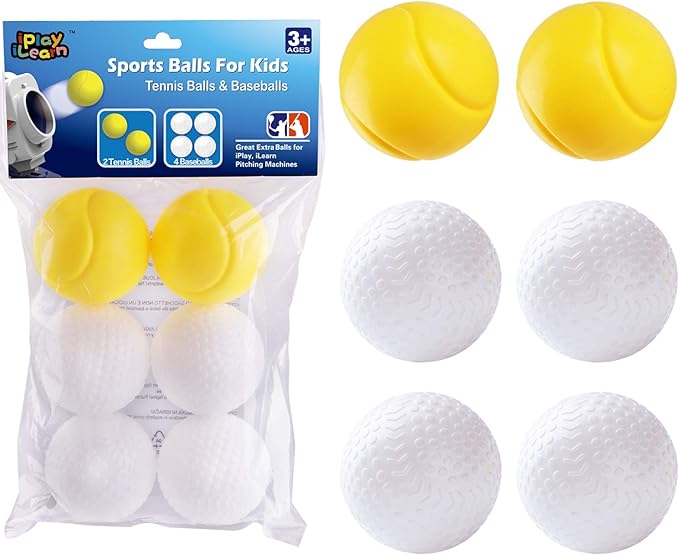 iPlay, iLearn Pitching Machine Baseball & Tennis, Plastic Replacement Balls, Sports Training Ball, 6Pcs Set, Outdoors Game Set, Active, Learning Gift Age 4, 5, 6, 7, 8 Year Olds Kids, Boys, Girls