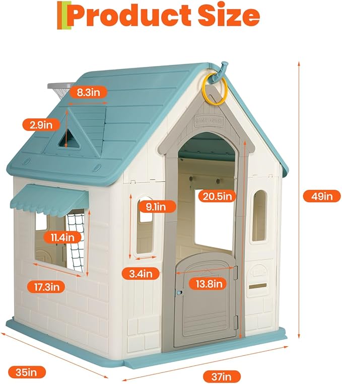 Outdoor Playhouse for Kids - Basketball Hoop, Soccer Goal, Magnetic Dartboard, Ring Toss - Indoor/Outdoor Toddler Cottage Playset, Gift for Ages 3-8