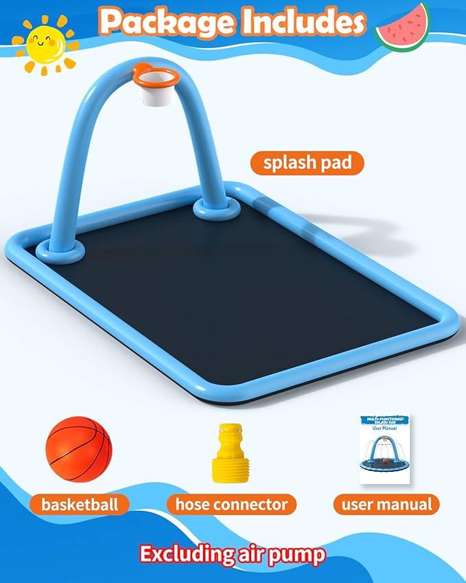 Splash Pad for Kids & Dogs, 102x87'' Large Sprinkler Pad Water Toys with Basketball Hoop, Thickened Non-Slip Splash Mat, Foldable Play Pool & Outdoor Summer Toys Ages 4-12 (110" Splash Pad)