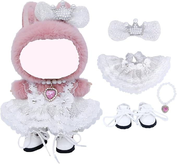 17cm Doll Clothes Sets(No Doll) White Shining Dress Outfits Handcrafted Designer Clothing Including Dress,Shoes,Bow Hair Accessory,Pink Necklace