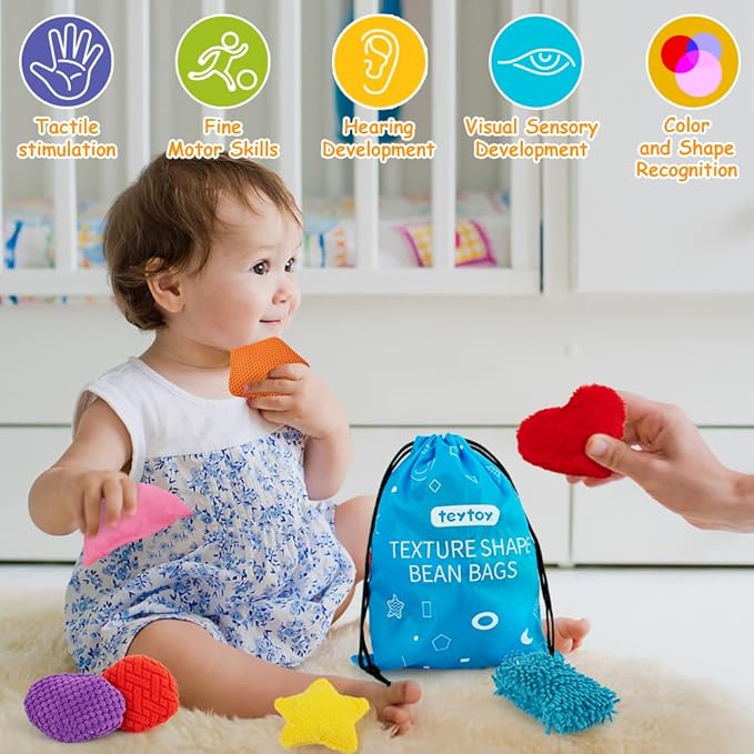 teytoy Texture Sensory Bean Bags Toys for Autism, 12 Fidget Sensory Shape Toy with Storage Bag, Develop Fine Motor Play for Baby Special Needs Developmental Toys for Infant Newborn