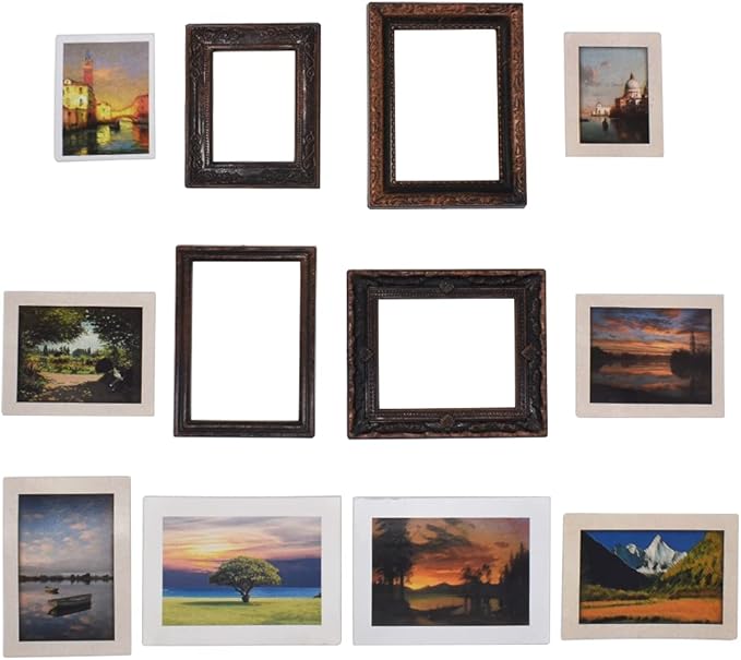 iLAND Miniature Dollhouse Accessories for Dollhouse Furniture on 1:12 Scale, Dollhouse Frames w/Printed Classic Paintings Set (4 Dark Brass Frames & Pictures)