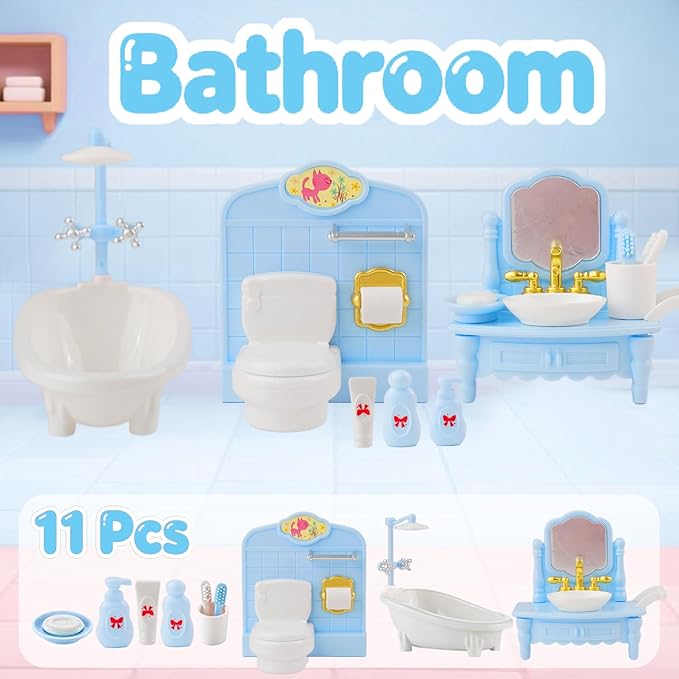 46Pcs Dollhouse Furniture Accessories Set Mini House Furniture Small Dollhouse Miniature Furniture Pretend Play House 1:12 Kitchen Bedroom Livingroom Bathroom Tiny Toy Boy Girl Kid Toddler (C Set)