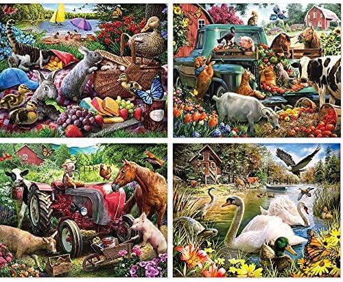 Bits and Pieces – 4-in-1 Multi-Pack Jigsaw Puzzle Set for Adults – Picnic Surprise, Pickup Tractor & Summer Retreat by Larry Jones – Random Die-Cut Pieces (Four 300 Piece Puzzles 16" x 20")