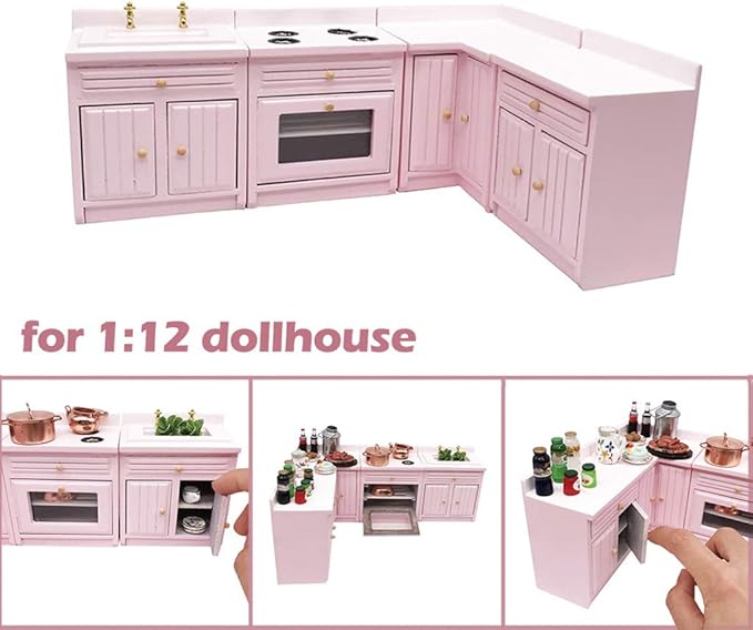 Dollhouse Decoration Accessories,1:12 Dollhouse Miniature Furniture Wooden Kitchen Cabinet Set Freely Combined (Pink)
