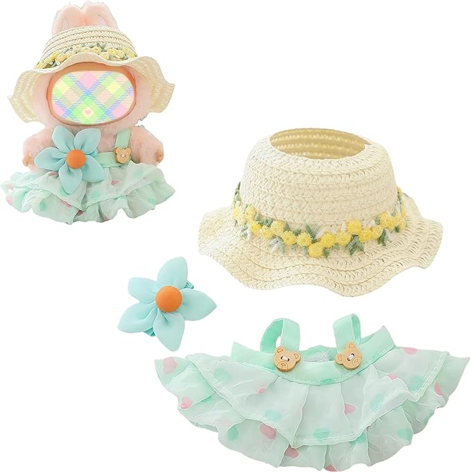 Clothes for Lu bubu 17cm Dolls Accessories (No Doll), Kawaii Hat Skirt Outfit Set 3 Pieces for 17cm Dolls Suit, Stylish Flower Doll Hat Clothing Set Replacement Green