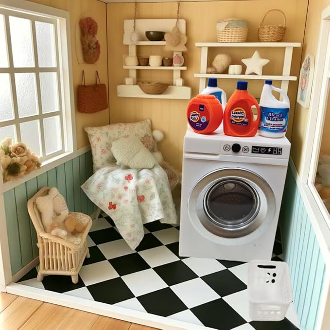 1:12 Scale Miniature Electric Washer and Dryer Set, Realistic Dollhouse Laundry Room Accessories, Mini Toy Washing Machine