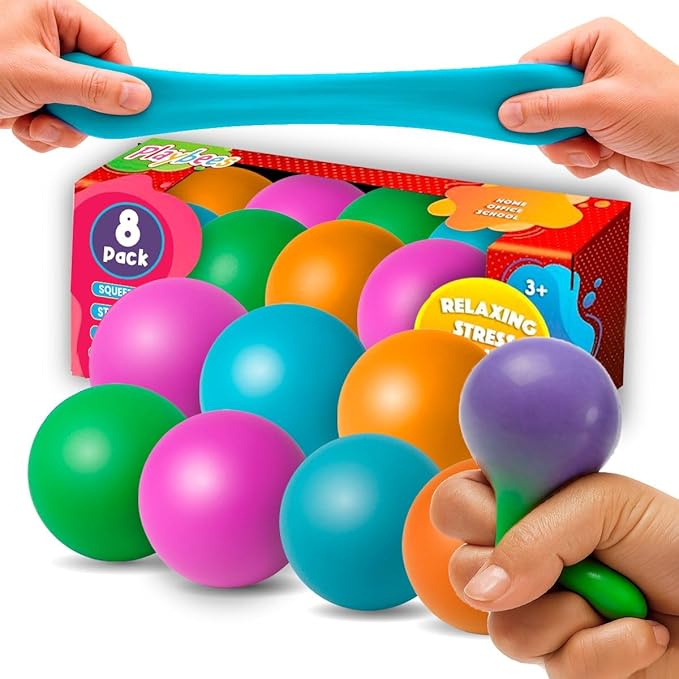 Playbees Pull, Stretch & Squeeze Stress Balls – 8 Balls – Elastic Sensory Balls for Stress & Anxiety Relief – Calming Fidgets for Kids & Adults – Assorted Color Balls for Autism, ADHD & Classroom Use