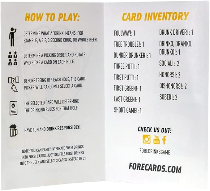 Fore! Drinks On Course Golf Game – Fun Playing Cards – Golf Card Games for Parties – 52 Card Deck for Hilarious Challenges – Outdoor Games for Adults and Family Fun