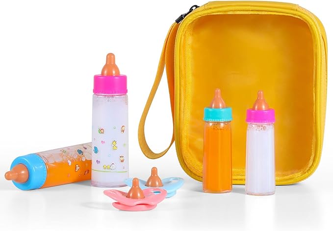 Kaydora Baby Doll Bottle Accessories - 6 Pcs Feeding Bottle Toys, Magic Disappearing Milk & Juice, Pretend Play Set with Pacifiers Kids Gift Yellow