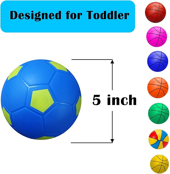 ABAJI Mini 2 Pack Toy 5 inch Basketball Soccer Ball Pump Needle Rubber Material Mini Hoop Toddlers Kids Teenagers Swimming Pool Indoors Outdoors