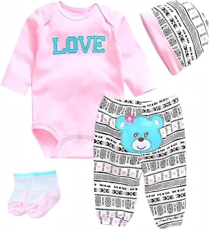 Reborn Baby Dolls Clothes Love Pattern 4pcs Set for 17-22 Inch Newborn Baby Doll Girl, Doll Clothing Cute Bear Outfit Accessories fit 17-22 Inch Reborn Doll Girl&Boy