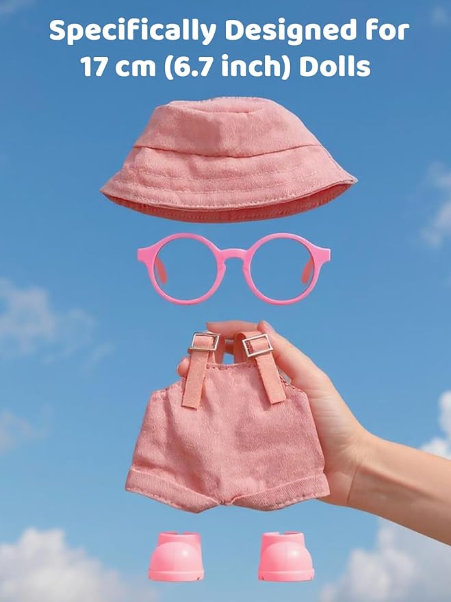2PCS Doll Clothes Set for 17cm Dolls – Stylish Outfit with 2 Hat, 2 Overalls, 2 Shoes & 2 Glasses of Clothes Designer, Cute Clothes for Dress up Unique Style (White+Pink) (Doll Not Included)
