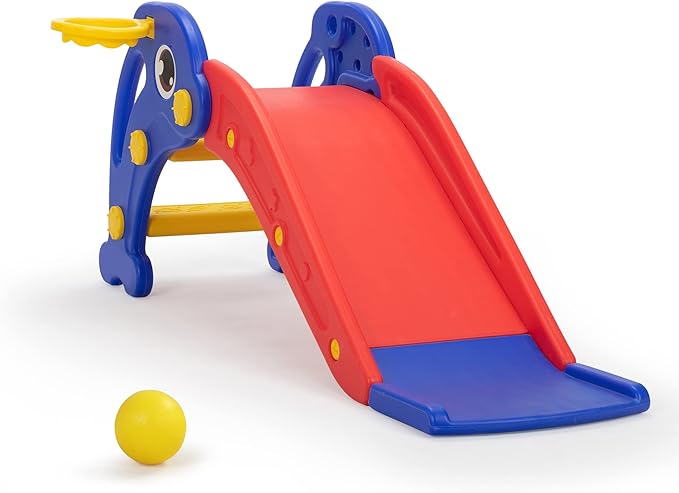 TOBBI Slide for Toddlers Ages 1-3 Indoor Outdoor w/Basketball Hoop & Ball, Baby Slide Playset for Backyard, Freestanding Slide Climber Toys for Kids, Red
