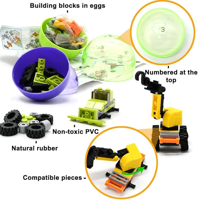 UMEELR 12Pcs Pre Filled Easter Eggs with Vehicles Building Blocks, Egg Surprise Toy for Easter Hunt, Easter Basket Stuffers