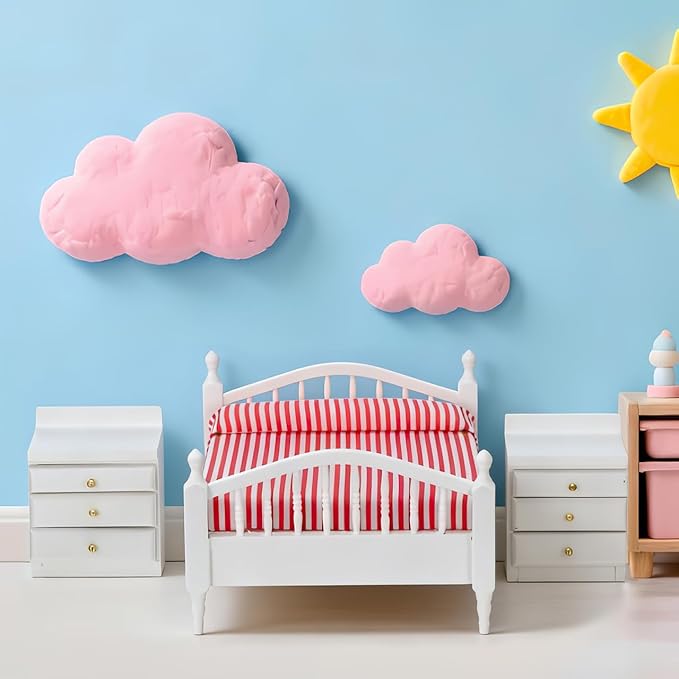 Miniature Furniture Pink Double Bed Synthetic Material 1: 12 Dollhouse Furniture Baby Doll Accessories Set for Decoration Kids Room