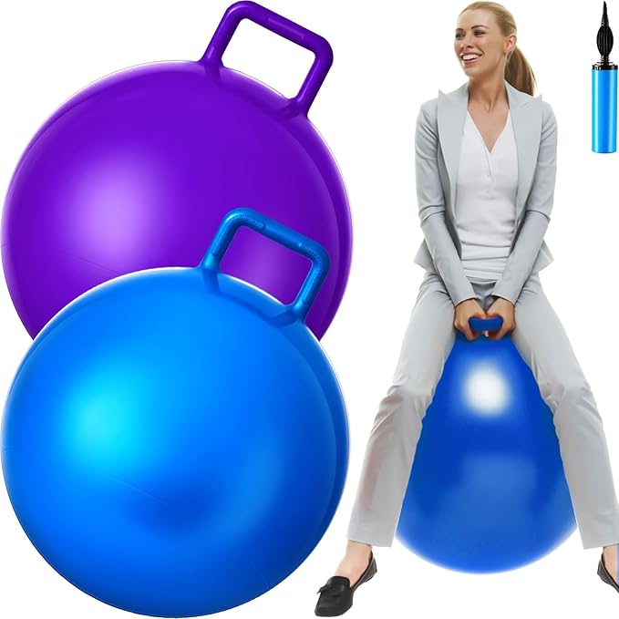Lewtemi 2 Pcs 29 Inch Big Bouncing Ball with Handle Jumping Hopper Bouncy Ball for Adults Exercise and Air Pump for Outdoor Sports Game(Blue, Purple)
