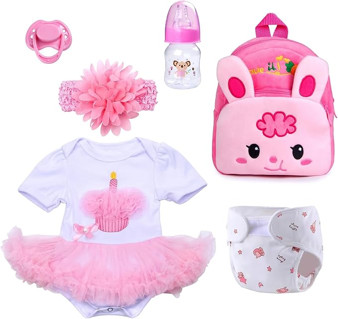 Reborn Baby Doll Clothes Girl Pink TUTU Dress with Backpack Diaper Accessories 6 Pcs for 17-22 Inch Babydolls, Outfit fit Babies Dolls Girl - Magnetic Pacifier & Fedding Bottle,Babies Pretend Play Set