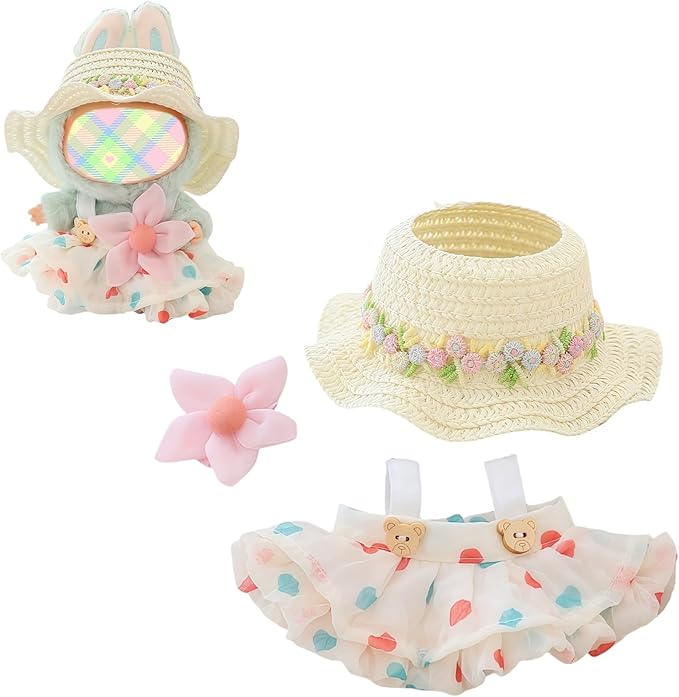 Clothes for Lu bubu 17cm Dolls Accessories (No Doll), Kawaii Hat Skirt Outfit Set 3 Pieces for 17cm Dolls Suit, Stylish Flower Doll Hat Clothing Set Replacement Beige
