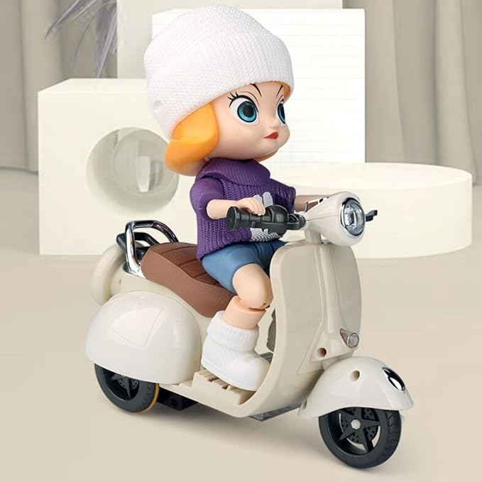 Liotww Motorcycles Scooter Toy Doll - with Light and Music, Cute Have a Seat for Accessories, Decor Desktop Ornaments Collectors (Off-White)