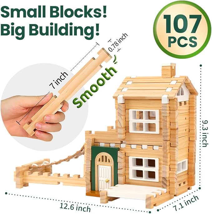Jovi-mindly＆Notchies 107 Pcs Wooden Blocks Toys with Door and Windows,Classic Old Fashioned Toys,Wooden Building Blocks for Kids Ages 4-8 Boys and Girls,Easter Toys Gifts(No Printed Manual)