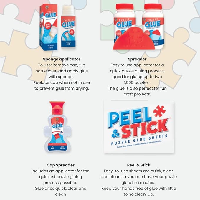 MasterPieces – Puzzle Glue with Wide Plastic Spreader, Easy to Apply, Dries Quick and Clear, Protects Finished Jigsaw Puzzles, Water-Soluble, 2 Pack, 5 oz Each
