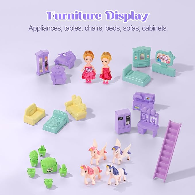 Lilac Purple Doll House for Girls, Dream Dollhouse 9 Rooms with 2 Dolls, 4 Unicons,Lights, Furniture and Accessories, Pretend-Play Toddler Playhouse Gift 3+ Year Old Girls Toys