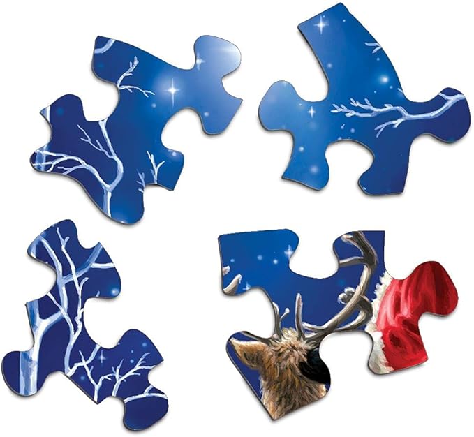 Springbok Starry Night 500 piece Jigsaw Puzzle for Adults features Santa Clause and his reindeer gazing upon the north star on a perfect snowcovered evening
