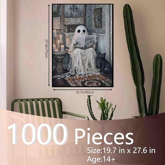 1000 Pieces Halloween Ghost Jigsaw Puzzle for Adults,Black Cat Candle Little Ghost DIY Craft Puzzles for Home Decoration Gifts, Unique Home Decor Gifts Entertainment Toys 19.7 x 27.6 Inch