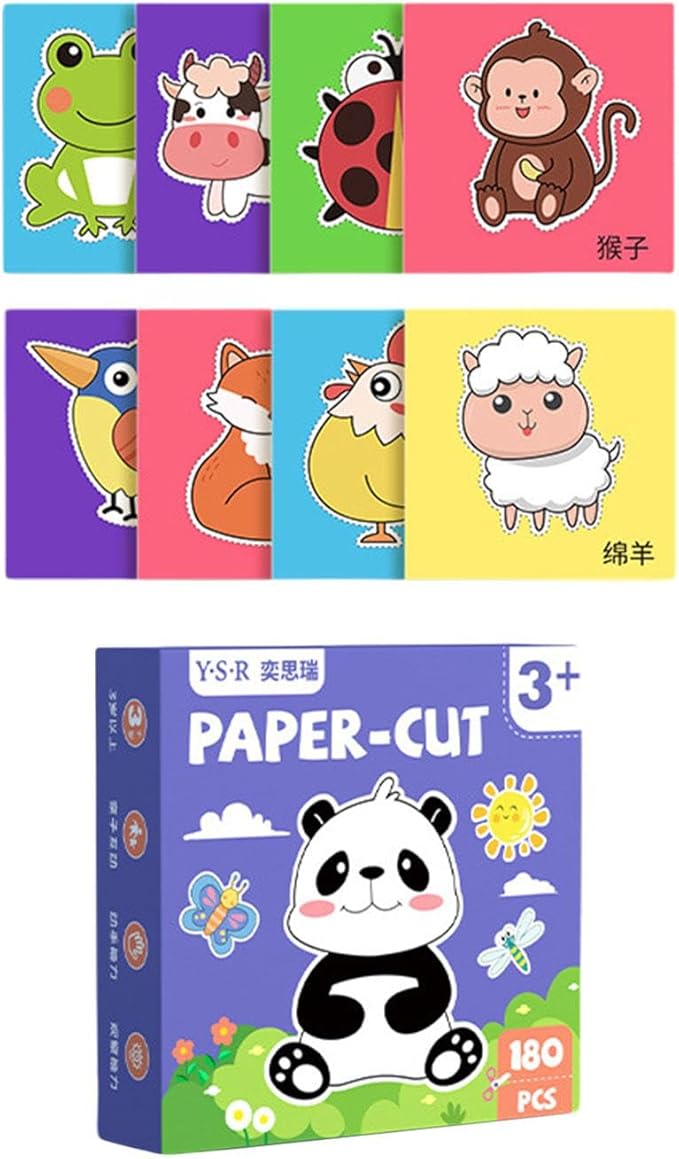 180 Pieces Paper Cutting Activity Set Craft Making Scissors Kit Art Painting DIY Project Material Paper Suitable for Children Boys, Animal Theme