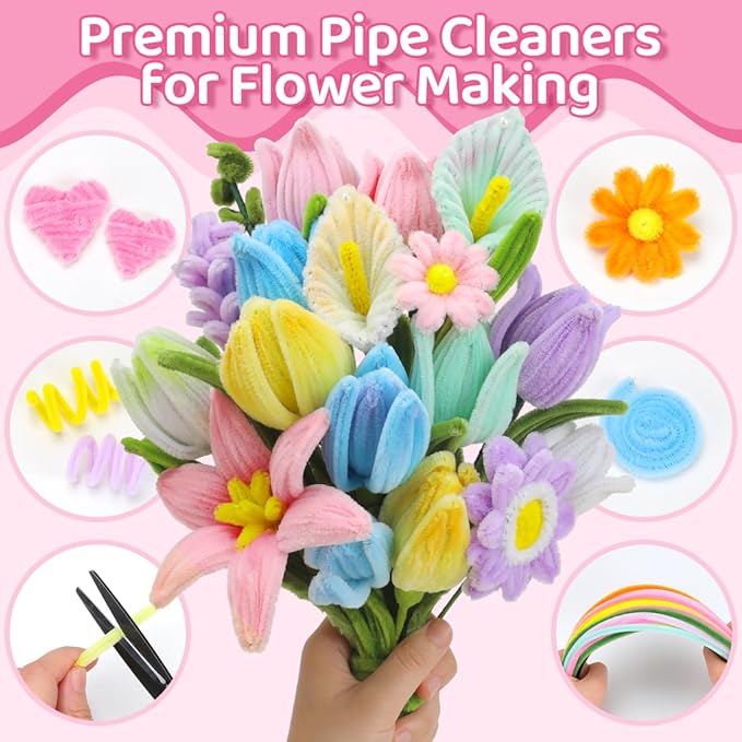 Praisebank Pastel Pipe Cleaners for Crafts (400pcs with Instruction), Flower Making Kit, Chenille Stems for DIY Projecets, Arts & Crafts Supplies for Festival Party Decorations