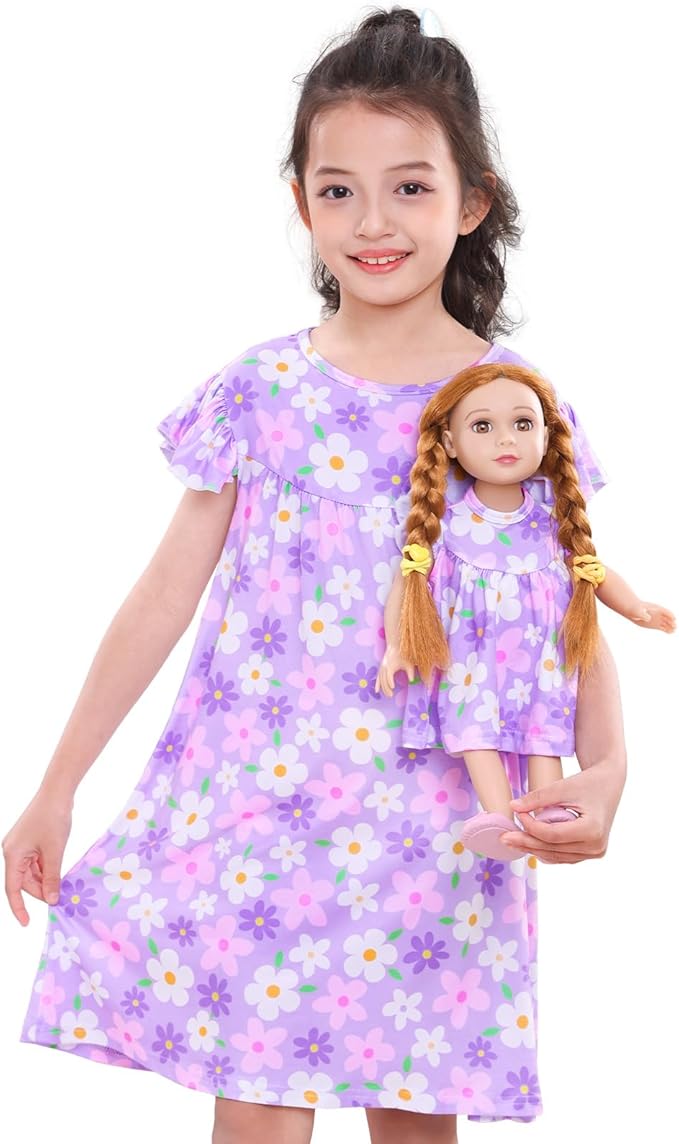 ICOSY Matching Doll & Girls Nightgowns Clothes Girls Pajamas Sleepwear Outfit for Kids and 18" Girl Doll