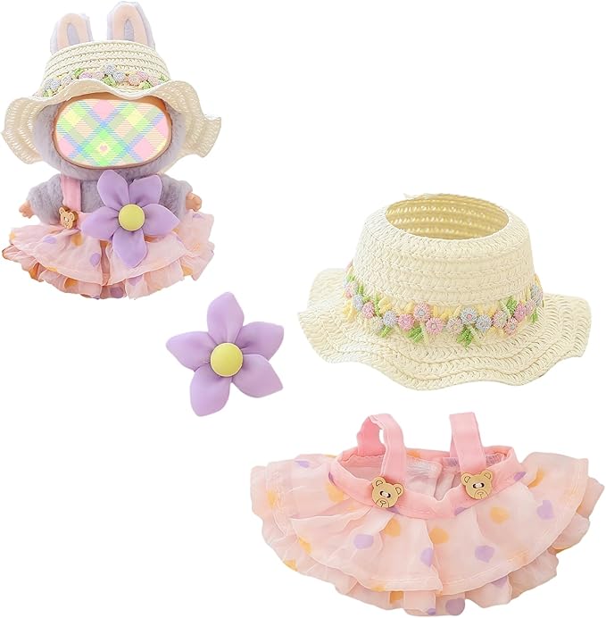 Clothes for Lu bubu 17cm Dolls Accessories (No Doll), Kawaii Hat Skirt Outfit Set 3 Pieces for 17cm Dolls Suit, Stylish Flower Doll Hat Clothing Set Replacement Pink