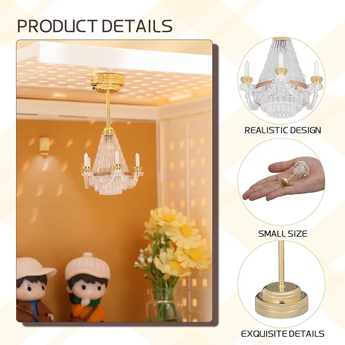 TOYANDONA Dollhouse Chandelier - 1/12 Scale Doll House Ceiling Lamp Miniature Dollhouse Lights Led Battery Operated for Doll House Accessories Mini Museum Lights Decorations