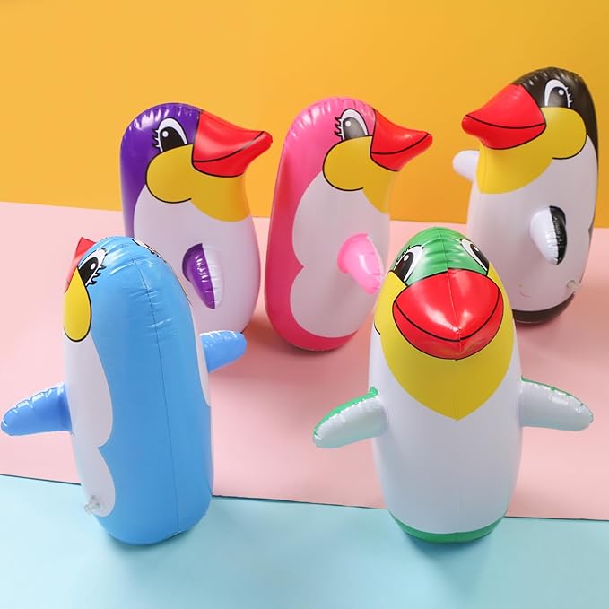 4 Pack 13.8" Inflatable Penguin Punching Bag, Random Color Already Filled Blow Up Bag Birthday Party Supplies