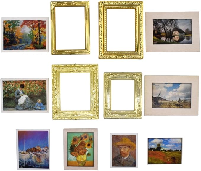 iLAND Miniature Dollhouse Accessories for Dollhouse Furniture on 1:12 Scale, Dollhouse Frames w/Printed Classic Paintings Set (4 Bright Golden Frames & Pictures)