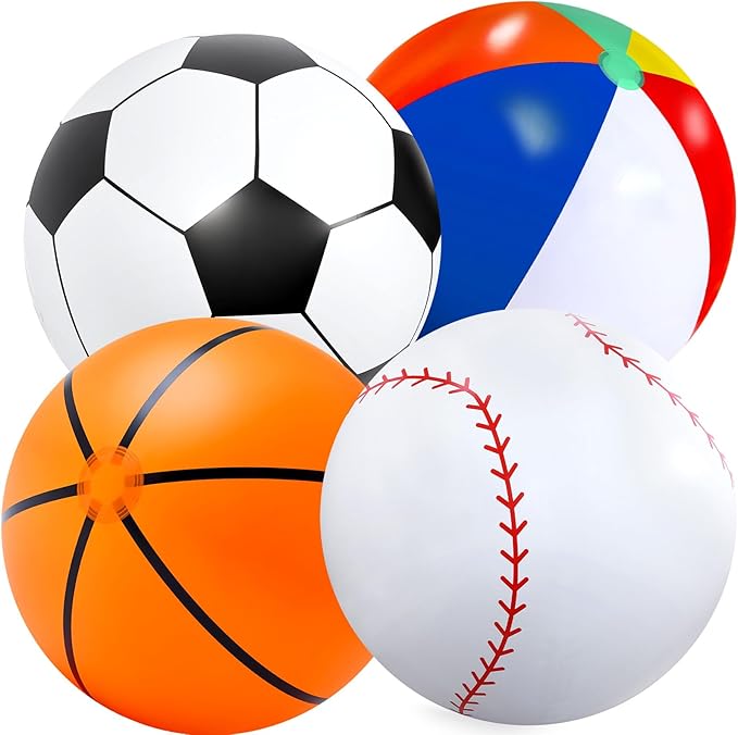 Lewtemi Giant Inflatable Sports Balls Large Inflatable Beach Ball Baseballs Soccer Rainbow Basketball Football for Sport Birthday Party Favor(4 Pcs,Soccer, Baseball, Basketball, Beach Ball,27 Inch)
