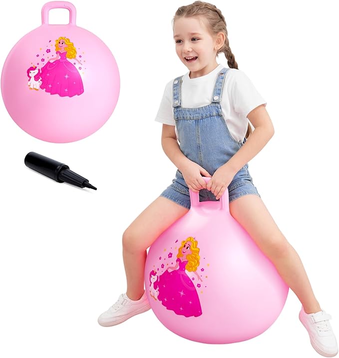 ZOOJOY Princess Hopper Ball, 18 Inch Bouncy Ball with Handle for Kids Aged 3-8, Inflatable Jumping Toys for Girls Boys, Pink Hopping Toys Gift with Pump