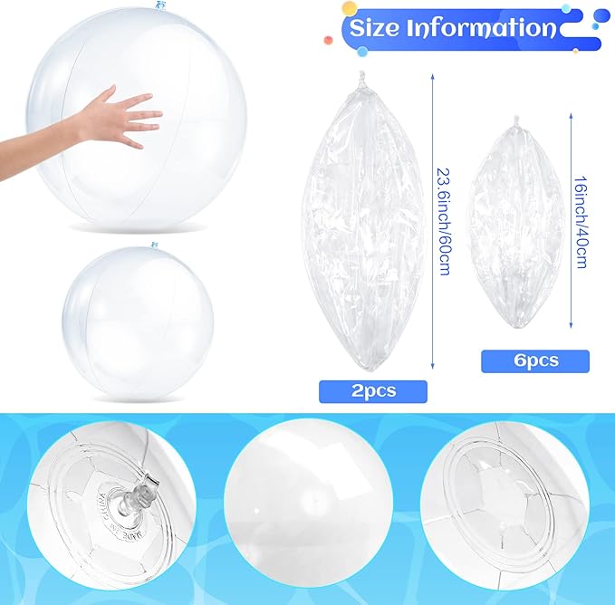 Zhanmai 8 Pcs Inflatable Clear Beach Ball 16 Inch 24 Inch Pool Floating Ball Balloons Under The Sea Party Decorations Bubble for Summer Ocean Beach Pool Hawaii Luau Party Supplies