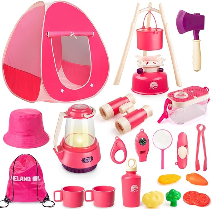 Meland Kids Camping Set for Girls - Camping Tent Toys for Girls Indoor Outdoor Pretend Play, Christmas Birthday Gift Idea for Toddler Girl Age 3,4,5,6 Year Old