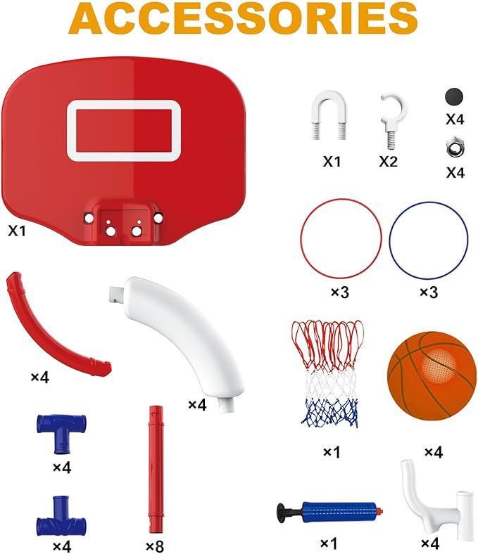 Taotuo Red Floating Pool Basketball Hoop with Backboard, 2-in-1 Basketball & Ring Toss Game with 4 Balls, 6 Rings&Pump, Summer Pool Toys Outdoor Water Fun Family Party for Age 3-12