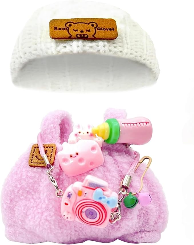 Doll Clothes for 17cm Dolls 4-Piece Set Knitted Hat Cute Clothe Suitable for Dolls Dress up, Keychain Accessories(NO Doll) (Pink)