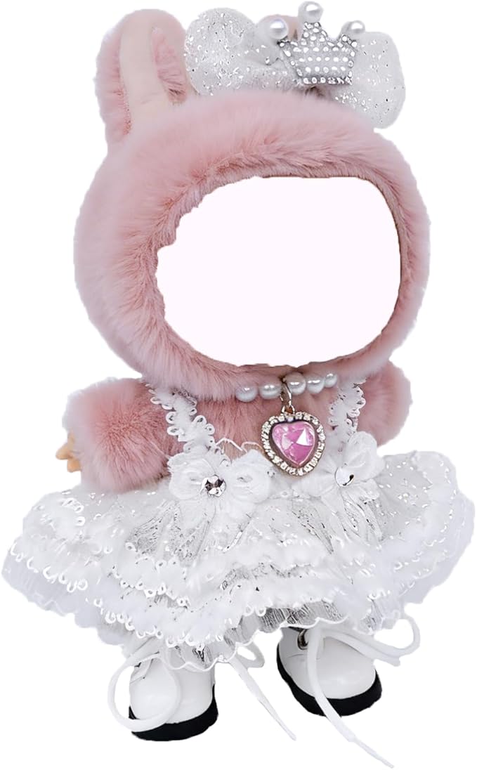 17cm Doll Clothes Sets(No Doll) White Shining Dress Outfits Handcrafted Designer Clothing Including Dress,Shoes,Bow Hair Accessory,Pink Necklace