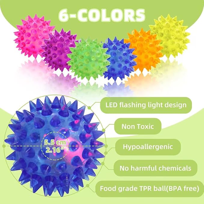 12 Pack LED Light Up Fidget Sensory Bouncy Spiky Ball Squishy Glow in The Dark Flashing Stress Relief Spiky Balls Toy for Party Favors Kids Gifts School Rewards