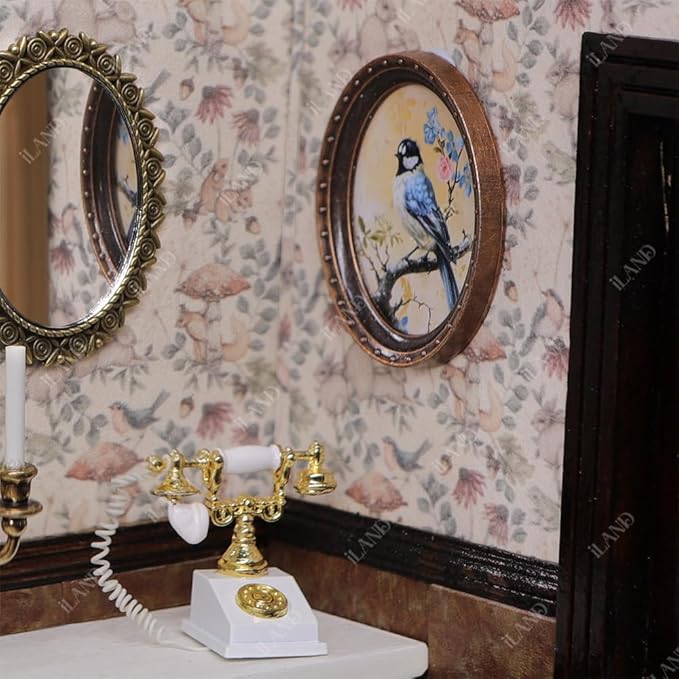 iLAND 1/12 Scale Accessories, 4 Dollhouse Picture Frames w/ 4 Paintings (Flowers & Birds)
