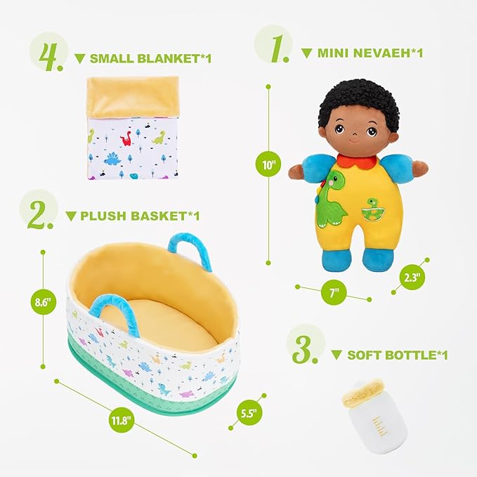 OUOZZZ 10" Soft Black Baby Boy Doll Set, Baby Doll Accessories Pretend Playset for Social Emotional Learning, Birthday Gift for 2 Year Olds Boy
