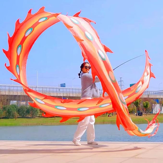 Square Exercise Dance Outdoor Flinging Fitness Dragon POI Wu Long 3D Real-Like Dragon Ribbon Streamer Set (26.2ft, Fire Phoenix)