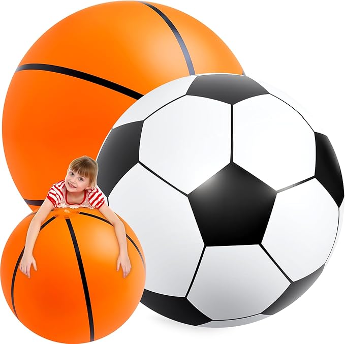 Lewtemi Giant Inflatable Sports Balls Large Inflatable Beach Ball Baseballs Soccer Rainbow Basketball Football for Sport Birthday Party Favor(2 Pcs,Soccer, Basketball,40 Inch)